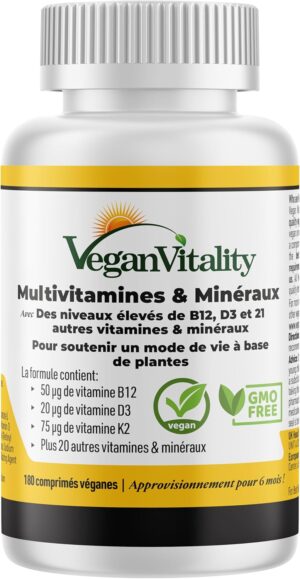 Multivitamines et mineraux vegan Source renforcee de vitamine C, vitamine k2, B12 et fer - 180 pilules vegan multivitamines. 6 moi