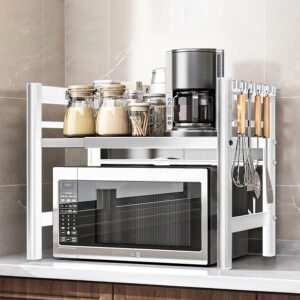 Quuylin 2 Niveaux Support de Four a Micro-Ondes Extensible,avec 6 Crochets,Extensible de 40 a 64 cm,Convient aux etageres de Cuisine