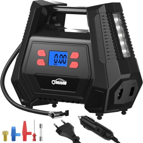 Oasser Portable Air Compressor 12 V 220 V Car Tyre Inflator ACDC Dual Power Home or Cigarette Lighter 150PSI (10.3 Bar) with 60 cm