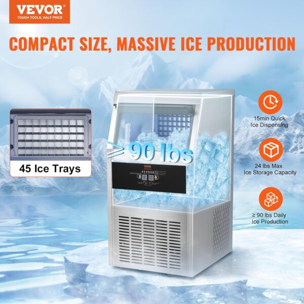 VEVOR Commercial Ice Maker 41kg24h Ice Preparation Device 45 Ice Cube Trays Storage Capacity 11kg Auto Cleaning Without Freestandin