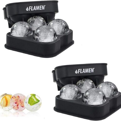 Flamen Ice Cube Tray with Lid - 2 Jumbo Spherical Silicone Bins BPA Free Food Grade Whisky Accessory