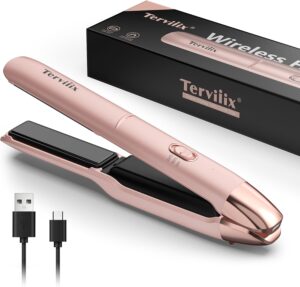 Portable Lisseur Sans Fil, Max 220C Mini Lisseur de Voyage, Fer a Lisser et Bigoudi Rechargeable 2 en 1 avec Infusion d'Huile d'Arg