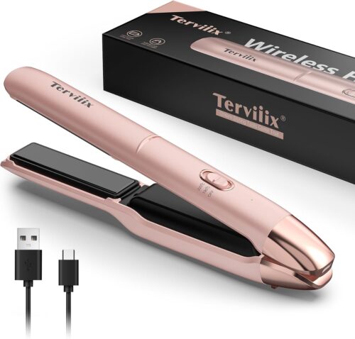 Portable Lisseur Sans Fil, Max 220C Mini Lisseur de Voyage, Fer a Lisser et Bigoudi Rechargeable 2 en 1 avec Infusion d'Huile d'Arg