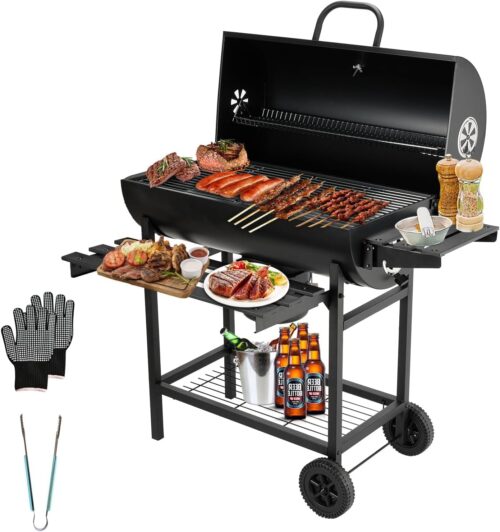 TEENO Barbecue Charbon de Bois,avec Grille de Cuisson XXL,Gants Anti-BruLures, ThermomeTre,Tiroir a Cendres, eVent ReGlable,Grand Ba