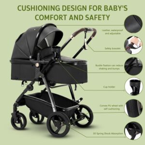 Zkiprm Cuir Poussette 3 en 1, Systeme de Voyage 3-en-1 Avec Siege Auto, Avec Habillage Pluie, Chassis Aluminium, Landau de ville pli