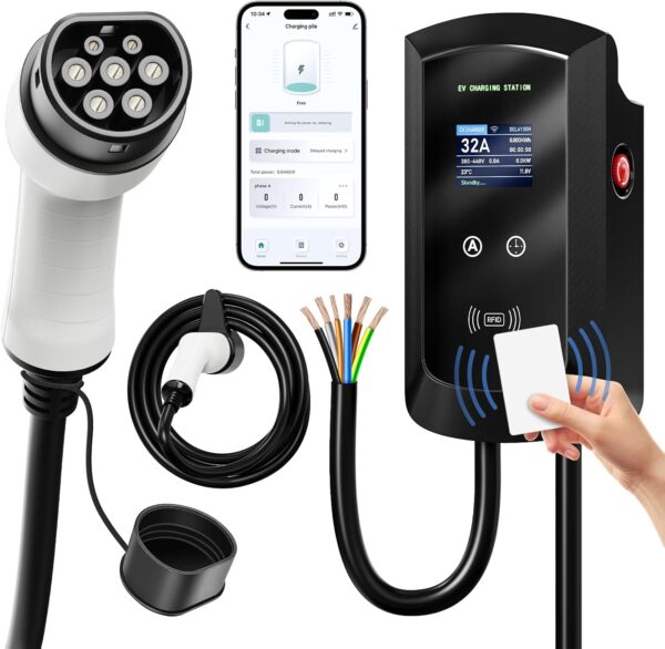 AFYEEV Electric Car Charging Cable, 22kW Three Phase 8-32A 5 m, Electric Car Charger, with RFIDAPPWiFiBluetooth, EV Charger Type