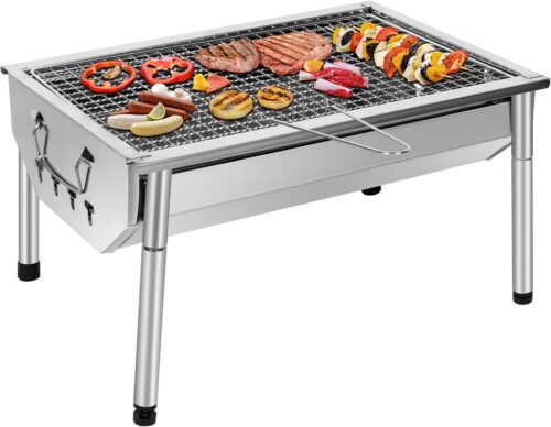 SunJas Barbecue Charbon de Bois INOX Ajustable Barbecue Demontable en Acier Portable BBQ Exterieur Grille sur Pied pour Jardin Pique