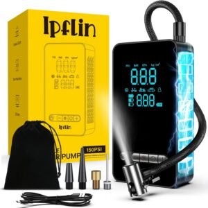 Portable Air Compressor, Mini Wireless Car Tyre Inflator with LED and USB C Port 150 PSI Rechargeable Battery, Fast Inflation, Compr