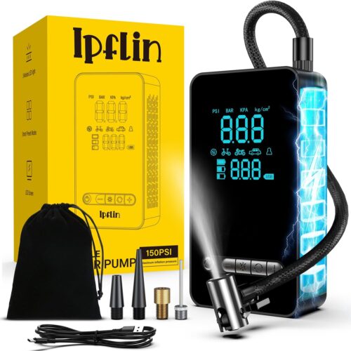 Portable Air Compressor, Mini Wireless Car Tyre Inflator with LED and USB C Port 150 PSI Rechargeable Battery, Fast Inflation, Compr