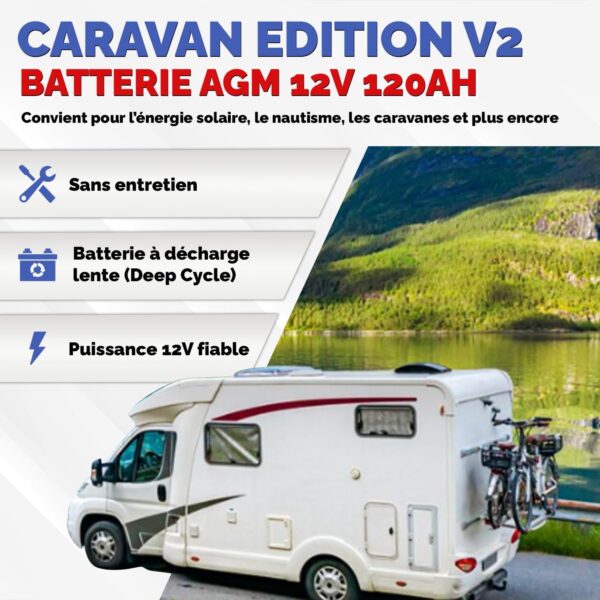 Batterie AGM 120Ah Caravan Edition Batterie Voiture 12v Solution Energetique Solaire Batterie Decharge Lente pour Camping-Car Enfant