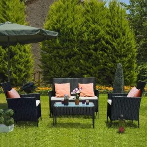 71qslyGDafL._AC_SL1000_.jpg bigzzia 4 Person Woven Resin Garden Furniture Set with 2 Armchairs, 1 2 Seater Sofa and 1 Table (Black)
