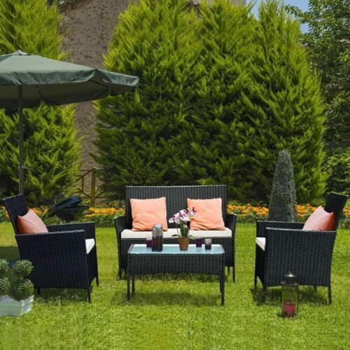 bigzzia 4 Person Woven Resin Garden Furniture Set with 2 Armchairs, 1 2 Seater Sofa and 1 Table (Black)