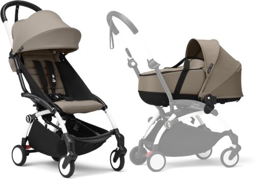 Poussette Stokke YOYO3 nacelle nouveau-né, cadre blanc, Taupe