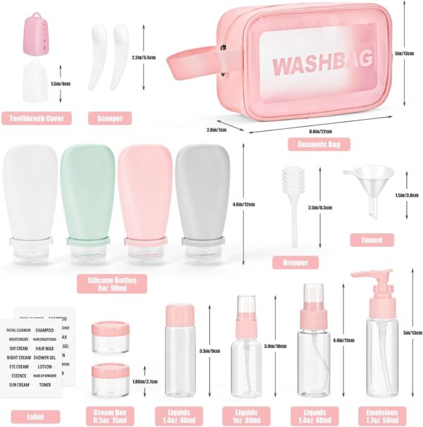 18 pieces of travel bottle, travel kit toiletries approved for aviation, suitable for shampoo, lotion, conditioner, shower gel, with