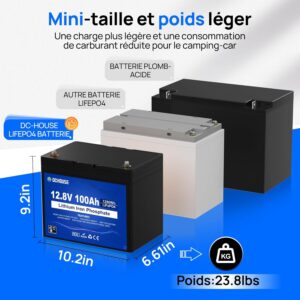 Batterie DCHOUSE 12V 100Ah LiFePO4, BMS 100A ameliore, jusqu'a 15000 cycles, batterie au lithium 1280Wh, parfaite pour les camping-c