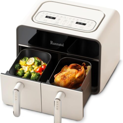 Friteuse a air double zone Runnatal 8 L avec hublot, sans huile, 2 tiroirs, programmes de cuisson 14 en 1 avec marmites pour legumes