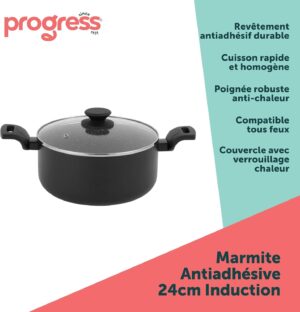 Progress Marmite 24cm (2.76L) en Aluminium Trempe avec Couvercle en Verre Trempe, Faitout avec Revetement Anti-adhesif en Ceramique