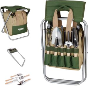 BIKAIN - Foldable Garden Stool - Tool Set - Storage Bag with Zipper - Includes 5 Wooden Remote Control Tools, Brown