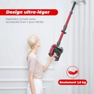 Akitas V10A Aspirateur Balai sans Fil 450W avec Moteur BLDC, Aspiration 45kPa, 60min Autonomie, Brosse LED Verte, Leger, Anti-Enchev