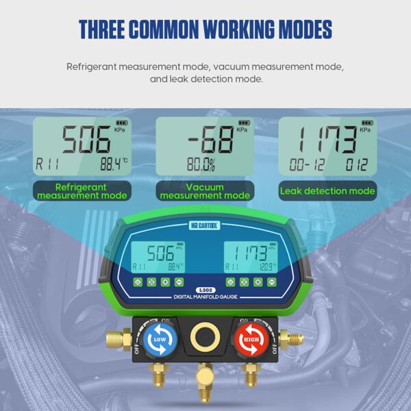 MR CARTOOL L302 Manometre Climatisation Voiture Numerique Manifold Manometre Refrigeration Jauge avec 3 Flexibles 90 Fluides Frigori