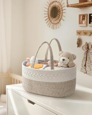 Maliton Panier Rangement Bebe, Rangement Lange Bebe avec Compartiments et Poignees, Couches Bebe Portable, Panier Organisateur Bebe