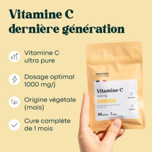 Vitamine C 1000mg, Reduit la Fatigue et Soutient le Systeme Immunitaire, Cure de 1 mois, 60 Gelules Vegetales, 100 Acide Ascorbique