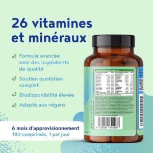 Multivitamines et Mineraux 180 Comprimes Vegan - 26 Vitamines Mineraux avec Vitamine A B C D E K Calcium Magnesium Zinc Fer Iode