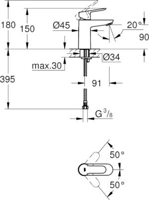GROHE BauEdge Robinet de salle de bain - batterie de lavabo monocommande, taille S avec cartouche en ceramique chrome 233300