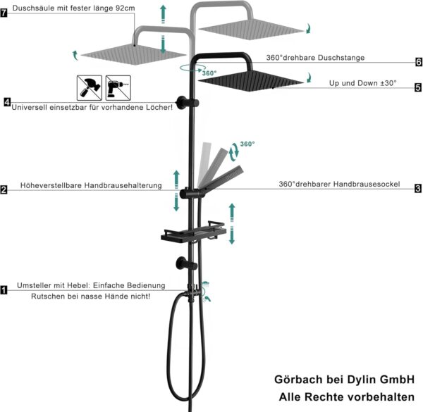 Gorbach Rainfall Shower Column without Tap Stainless Steel Adjustable Wall Mounted Shower Set Rain System with Rain Shower Head, She