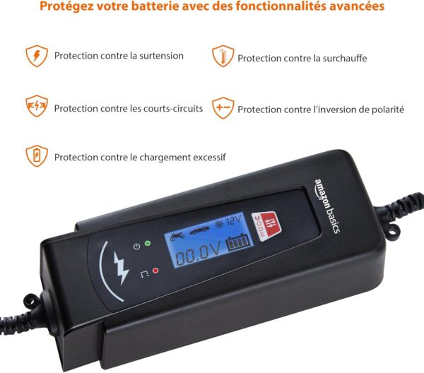 Amazon Basics Smart Automatic Battery Charger with Battery Tester Function, EU Plug, Output: 2A4A, 6V12V DC, Black