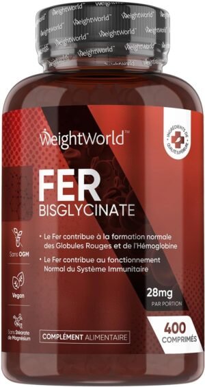 71yLmqBqCaL._AC_SL1500_.jpg Fer Bisglycinate 28mg - 400 Micro Comprimes Vegan - Fer Doux - Teste en Laboratoire - Contribue a la Formation Normale des Globules