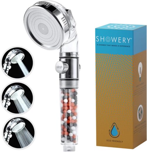 Showery EcoFlow Pommeau de douche haute pression a economie d'eau avec 3 reglages de pulverisation Eco Stop pour douches non electr