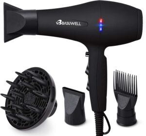 Basuwell Seche Cheveux Professionnel 2100W, Salon Seche-Cheveux avec Diffuseur,Peigne et Buse, Puissant AC Moteur (Noir)