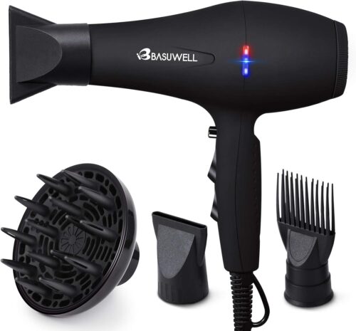 Basuwell Seche Cheveux Professionnel 2100W, Salon Seche-Cheveux avec Diffuseur,Peigne et Buse, Puissant AC Moteur (Noir)