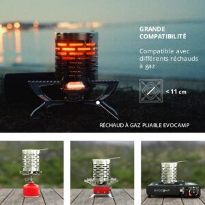 EVOCAMP Chauffage pour rechaud a gaz avec tapis anti-feu de 20x20cm, ideal comme chauffage de tente et de camping Chauffage pour rec