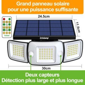 intelamp Lampe Solaire Exterieur avec Detecteur de Mouvement 6000mAh 1200LM Eclairage Solaire,4 Modes Telecommande,IP65 Etanche Pr