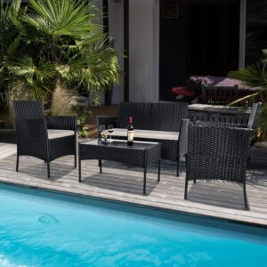 81-p2ZyaKpL._AC_SL1500_.jpg bigzzia 4 Person Woven Resin Garden Furniture Set with 2 Armchairs, 1 2 Seater Sofa and 1 Table (Black)