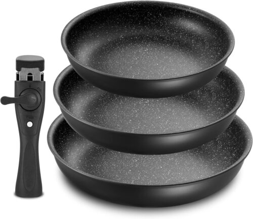 Fadware Lot de 3 poeles - 20 24 28 cm - Avec poignee amovible - Pour tous les types de feux dont induction - Revetement anti-adh