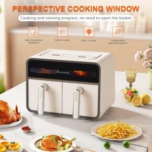 Friteuse a air double zone Runnatal 8 L avec hublot, sans huile, 2 tiroirs, programmes de cuisson 14 en 1 avec marmites pour legumes