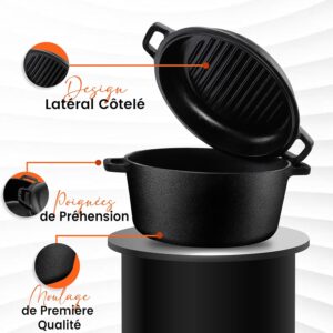 KICHLY 2 En 1 Four Hollandais En Fonte Pre-Assaisonne Avec Couvercle De Poele A Griller A Double Usage - Cuire Au Four, Frire, Rotir