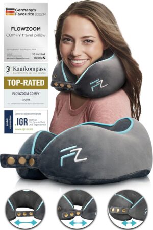 FLOWZOOM Comfy Memory Foam Airplane Car Travel Pillow - Adjustable Airplane Pillow, 360 Degree Support, Washable Plush Cover and Car
