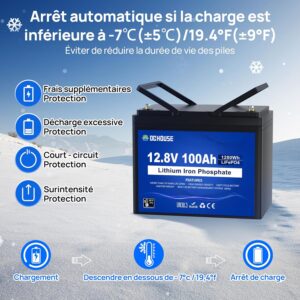 Batterie DCHOUSE 12V 100Ah LiFePO4, BMS 100A ameliore, jusqu'a 15000 cycles, batterie au lithium 1280Wh, parfaite pour les camping-c