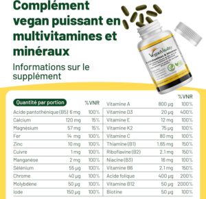 Multivitamines et mineraux vegan Source renforcee de vitamine C, vitamine k2, B12 et fer - 180 pilules vegan multivitamines. 6 moi