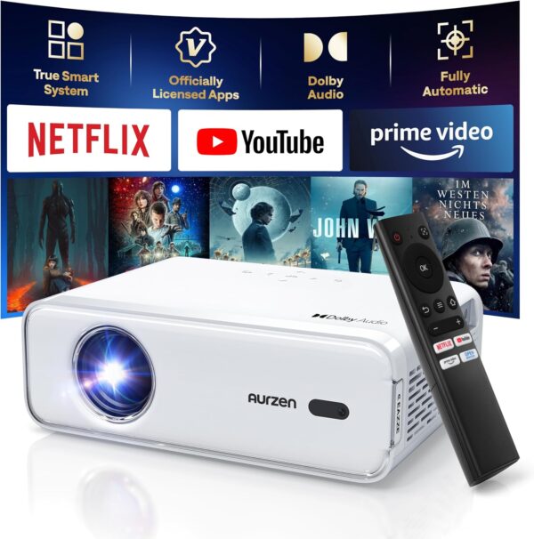 AURZEN Eazze D1 Official NetfIix, Doiby, Auto FocusKeystone, HDR10, Mini Portable Bluetooth WiFi Projector, Full HD 1080P Video Pro
