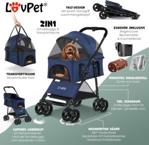 Poussette pour chien LOVPET 2-en-1 pliable jusqu'à 20 kg