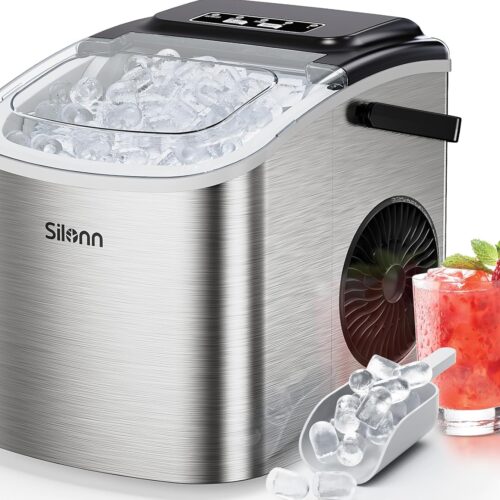 Silonn Small Ice Cube Maker with Carry Handle, 9 Ice Cubes in Just 6 Min., 12 kg Ice in 24 Hours. Compact Self-Cleaning with 2 Sizes