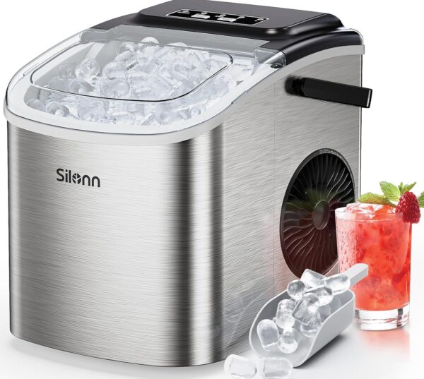 81BuCQlXs9L._SL1500_.jpg Silonn Small Ice Cube Maker with Carry Handle, 9 Ice Cubes in Just 6 Min., 12 kg Ice in 24 Hours. Compact Self-Cleaning with 2 Sizes