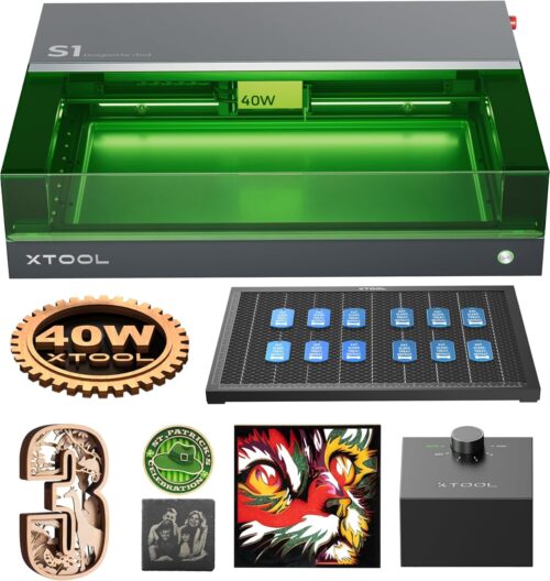 xTool S1 40W Graveur Decoupe Laser avec Panneau de Travail et Assistance d'air, Positionnement a Pin-Point, 600 mms, Gravure Laser