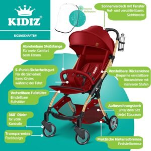 KIDIZ Poussette Premium Pliable 360Roues Harnais 5 Points Incl. Porte-boisson Housse de pluie, Dossier reglable Capote pare-so