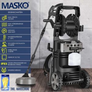 81HQHYLKDvL._AC_SL1500_.jpg Nettoyeur haute pression MASKO 2200W 165 bar - enrouleur 10 m de tuyau & kit 9 pièces